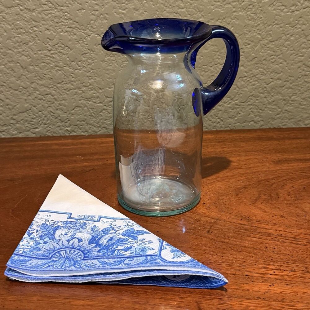 Hand Blown Mexican Glass Pitcher w Blue Rim and Handle 16 Oz Milk Cream Vase